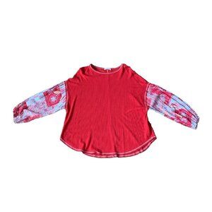 Hummingbird Top Womens Small Boho Red Waffle Geometric Balloon Long Sleeve